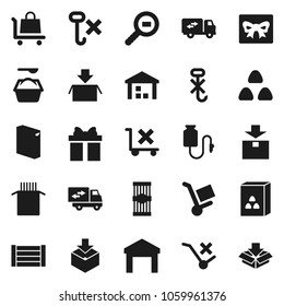 Flat vector icon set - washing powder vector, cereal, pasta, wood box, no trolley, hook, warehouse, package, cargo search, drop counter, relocation truck, gift