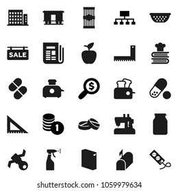 Flat vector icon set - washing powder vector, sprayer, colander, cookbook, jar, pasta, corner ruler, apple fruit, coin stack, money search, hierarchy, pills, satellite, Railway carriage, newspaper