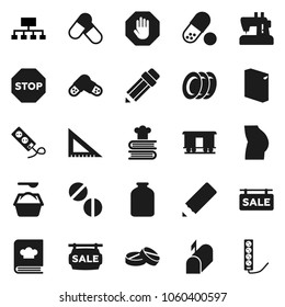 Flat vector icon set - washing powder vector, plates, cookbook, jar, pencil, corner ruler, hierarchy, buttocks, pills, Railway carriage, stop, sale signboard, mailbox, sewing machine, multi socket