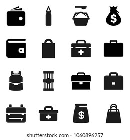 Flat vector icon set - washing powder vector, pasta, case, backpack, wallet, money bag, punching, doctor, shopping