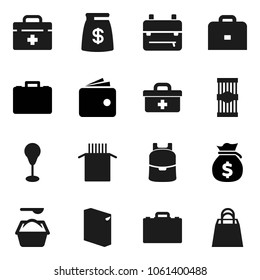 Flat vector icon set - washing powder vector, pasta, case, backpack, wallet, money bag, punching, doctor, shopping