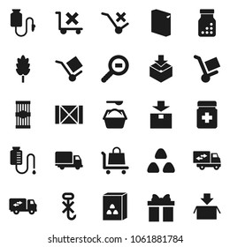 Flat vector icon set - washing powder vector, cereal, pasta, delivery, wood box, cargo, no trolley, hook, package, search, pills bottle, drop counter, relocation truck, gift