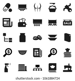Flat vector icon set - washing powder vector, sprayer, colander, cookbook, plates, jar, money search, hierarchy, buttocks, pills, Railway carriage, satellite, truck trailer, newspaper, apartments