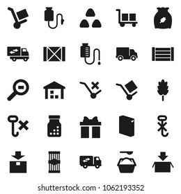Flat vector icon set - washing powder vector, cereal, pasta, delivery, wood box, cargo, no trolley, hook, warehouse, package, search, pills bottle, drop counter, relocation truck, gift