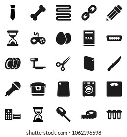 Flat vector icon set - washing powder vector, towel, knife, cutting board, plates, egg, pencil, sand clock, tie, measuring, scales, bone, big, microphone, gamepad, link, hdmi, scissors, mailbox