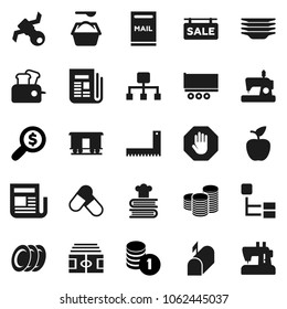 Flat vector icon set - washing powder vector, plates, cookbook, corner ruler, apple fruit, coin stack, money search, stadium, pills, satellite, truck trailer, Railway carriage, newspaper, hierarchy