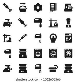Flat vector icon set - washing powder vector, mixer, double boiler, blender, tomography, gear, washer, construction crane, card reader, dishwasher, coffee maker, meat grinder