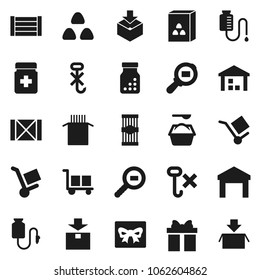Flat vector icon set - washing powder vector, cereal, pasta, wood box, cargo, no hook, warehouse, package, search, pills bottle, drop counter, gift, trolley