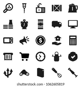Flat vector icon set - washing powder vector, house hold, sink, kettle, apron, whisk, pasta, calculator, alarm clock, dollar coin, cart, wood box, protected, monitor, crutches, pills, route arrow