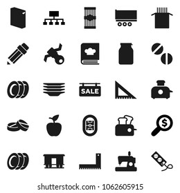 Flat vector icon set - washing powder vector, plates, cookbook, jar, pasta, pencil, corner ruler, apple fruit, money search, hierarchy, stadium, satellite, truck trailer, Railway carriage, pills