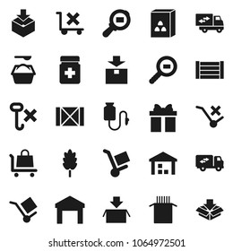 Flat vector icon set - washing powder vector, cereal, pasta, wood box, cargo, no trolley, hook, warehouse, package, search, pills bottle, drop counter, relocation truck, gift
