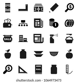 Flat vector icon set - washing powder vector, sprayer, plates, colander, jar, pasta, pencil, corner ruler, apple fruit, coin stack, money search, hierarchy, stadium, newspaper, mailbox, apartments