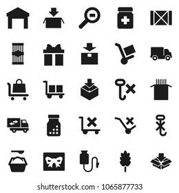Flat vector icon set - washing powder vector, cereal, pasta, delivery, wood box, cargo, no trolley, hook, warehouse, package, search, pills bottle, drop counter, relocation truck, gift