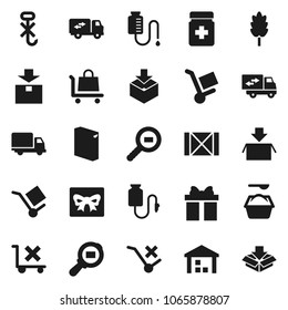 Flat vector icon set - washing powder vector, cereal, delivery, wood box, cargo, no trolley, hook, warehouse, package, search, pills bottle, drop counter, relocation truck, gift