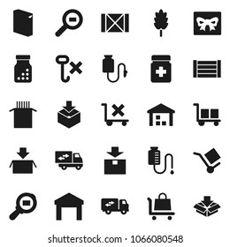 Flat vector icon set - washing powder vector, cereal, pasta, wood box, cargo, no trolley, hook, warehouse, package, search, pills bottle, drop counter, relocation truck, gift