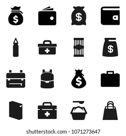 Flat vector icon set - washing powder vector, pasta, backpack, wallet, money bag, case, punching, doctor, shopping