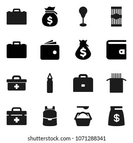 Flat vector icon set - washing powder vector, pasta, case, backpack, wallet, money bag, punching, doctor