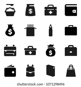 Flat vector icon set - washing powder vector, pasta, case, backpack, wallet, money bag, punching, doctor, shopping