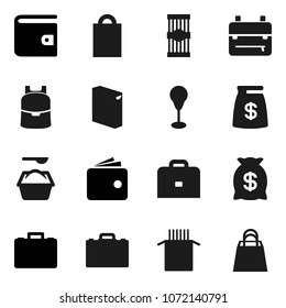 Flat vector icon set - washing powder vector, pasta, case, backpack, wallet, punching bag, money, shopping
