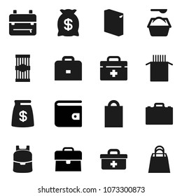 Flat vector icon set - washing powder vector, pasta, case, backpack, wallet, doctor bag, money, shopping