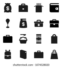 Flat vector icon set - washing powder vector, pasta, case, backpack, wallet, punching bag, doctor, money, shopping