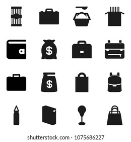 Flat vector icon set - washing powder vector, pasta, case, backpack, wallet, punching bag, money, shopping