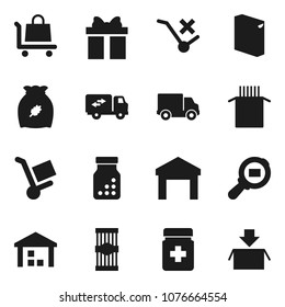 Flat vector icon set - washing powder vector, cereal, pasta, delivery, no trolley, warehouse, cargo search, pills bottle, relocation truck, gift, package