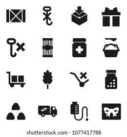 Flat vector icon set - washing powder vector, cereal, pasta, wood box, cargo, no trolley, hook, package, pills bottle, drop counter, relocation truck, gift