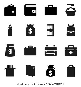 Flat vector icon set - washing powder vector, pasta, case, backpack, wallet, money bag, punching, doctor, shopping