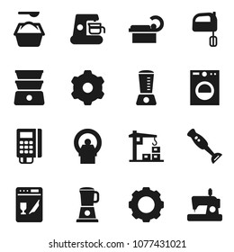 Flat vector icon set - washing powder vector, mixer, double boiler, blender, tomography, gear, construction crane, card reader, washer, dishwasher, coffee maker, sewing machine