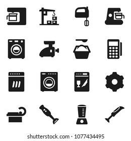 Flat vector icon set - washing powder vector, mixer, blender, tomography, gear, washer, construction crane, card reader, dishwasher, coffee maker, meat grinder