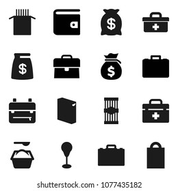 Flat vector icon set - washing powder vector, pasta, case, backpack, wallet, money bag, punching, doctor, shopping