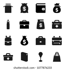 Flat vector icon set - washing powder vector, pasta, case, backpack, wallet, money bag, punching, doctor, shopping