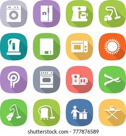 flat vector icon set - washing machine vector, fridge, coffee maker, vacuum cleaner, kettle, kitchen scales, grill oven, gas, elecric, food processor, pruner, cleaning, iron board
