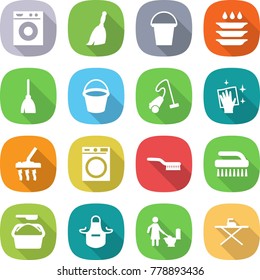 flat vector icon set - washing machine vector, broom, bucket, plate, vacuum cleaner, wiping, brush, powder, apron, toilet cleaning, iron board