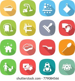 flat vector icon set - washing vector, vacuum cleaner, filter, rag, skyscrapers cleaning, scraper, wiping, house, sponge with foam, brush, duster, toilet, home call, outsource