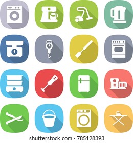 flat vector icon set - washing machine vector, coffee maker, vacuum cleaner, kettle, kitchen scales, handle, spatula, oven, double boiler, blender, fridge, food processor, pruner, bucket, iron board