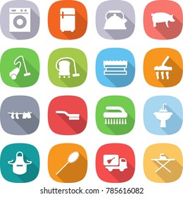 flat vector icon set - washing machine vector, fridge, kettle, pig, vacuum cleaner, sponge, drying clothes, brush, water tap sink, apron, duster, home call cleaning, iron board