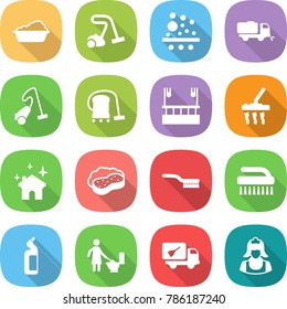 flat vector icon set - washing vector, vacuum cleaner, filter, sweeper, skysrcapers cleaning, house, sponge with foam, brush, toilet cleanser, home call