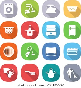 flat vector icon set - washing machine vector, vacuum cleaner, kettle, colander, apron, double boiler, fridge, sieve, sponge, wiping, brush, brooming