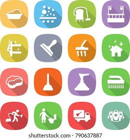 flat vector icon set - washing vector, filter, vacuum cleaner, skysrcapers cleaning, skyscrapers, scraper, house, sponge with foam, plunger, brush, toilet, home call, outsource