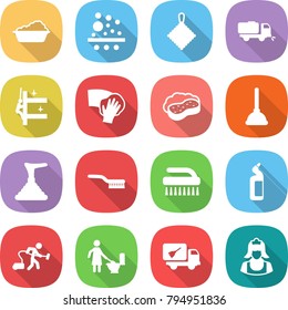 flat vector icon set - washing vector, filter, rag, sweeper, skyscrapers cleaning, wiping, sponge with foam, plunger, brush, toilet cleanser, vacuum cleaner, home call