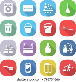flat vector icon set - washing machine vector, welcome mat, filter, broom, trash bin, bucket, foam, tooth brush, clean floor, skysrcapers cleaning, cleanser, dish, powder, paper towel
