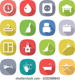 flat vector icon set - watch vector, drop, power socket, garage, hanger, broom, toaster, pan, window, apron, rake, blower, wiping, bath, iron board