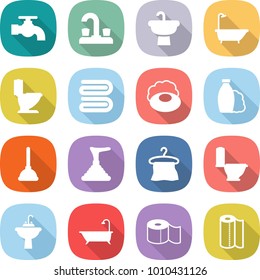 flat vector icon set - water tap vector, sink, bath, toilet, towel, soap, shampoo, plunger, hanger, paper