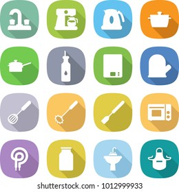 flat vector icon set - water tap vector, coffee maker, kettle, pan, saute, vegetable oil, kitchen scales, cook glove, whisk, spatula, grill oven, elecric, bank, sink, apron