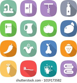 flat vector icon set - water tap vector, fridge, corkscrew, vegetable oil, jug, tomato, lemon, hot pepper, corn, pear, strawberry, carrot, tooth brush, wiping, towel