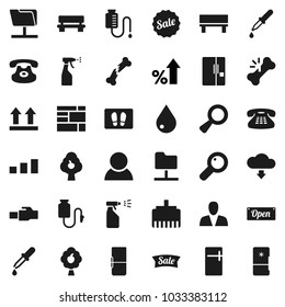 Flat vector icon set - water drop vector, welcome mat, sprayer, percent growth, consolidated cargo, top sign, sorting, classic phone, magnifier, dropper, broken bone, counter, network folder, bench