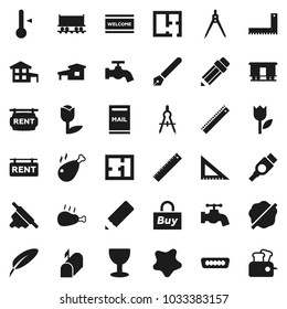 Flat vector icon set - water tap vector, splotch, welcome mat, rolling pin, thermometer, chicken leg, pen, pencil, corner ruler, drawing compass, Railway carriage, glass, tulip, hdmi, cottage, plan