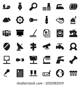 Flat vector icon set - water tap vector, rake, iron, washer, garbage pile, hand mill, plates, pen, telescope, table lamp, medal, personal information, check, presentation board, tie, bone, signpost